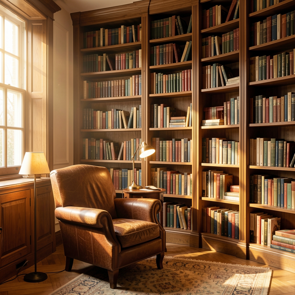 Warm sunlit reading room with tall wooden bookshelves filled with books, a leather armchair, and a small lamp casting a scholarly contemplative glow