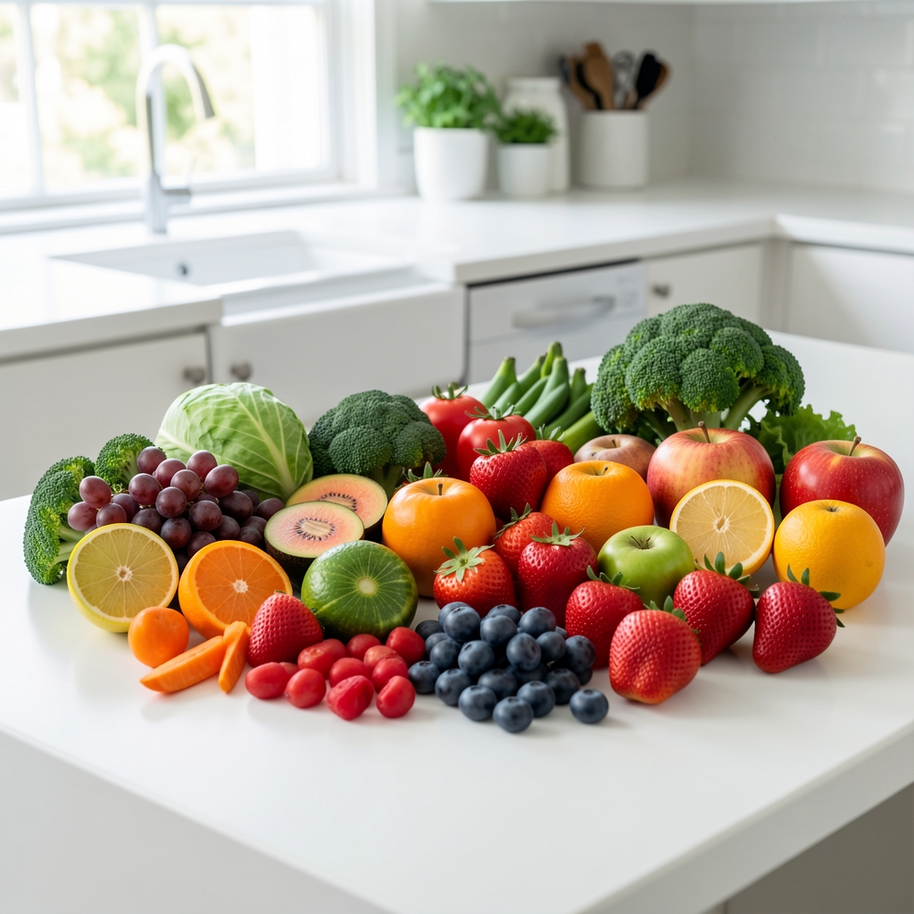Array of colorful raw vegetables and fruits rich in vitamins laid out on a clean white kitchen counter in bright natural daylight