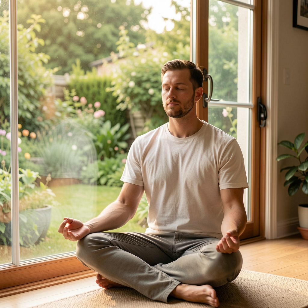 Man sitting in a meditative posture near a large window overlooking a green garden in soft morning light suggesting mindful calm rest