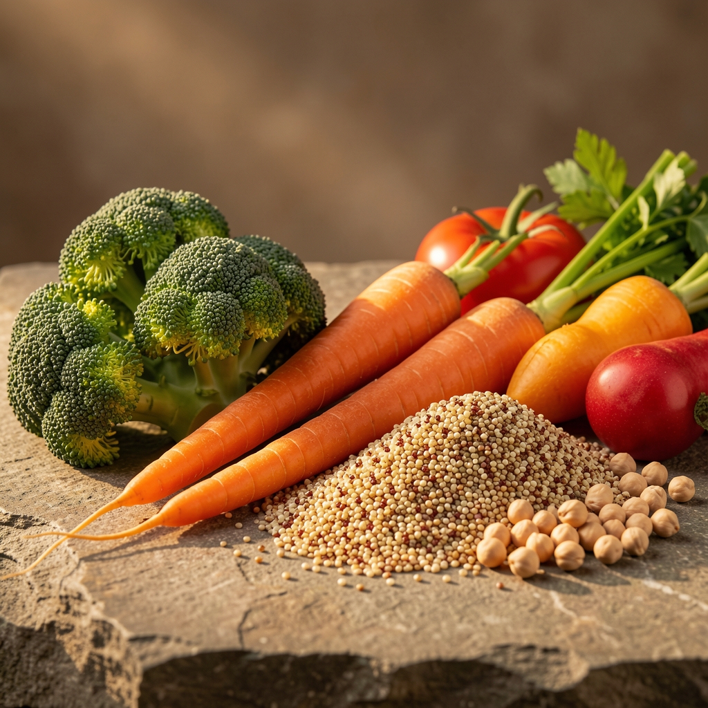 Assortment of colourful fresh vegetables and whole grains including broccoli, carrots, quinoa and chickpeas arranged on a stone surface in warm directional light