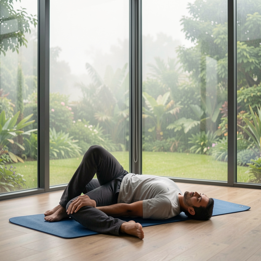 Man doing gentle morning stretching on a yoga mat next to large windows overlooking a misty green garden creating a calm purposeful atmosphere