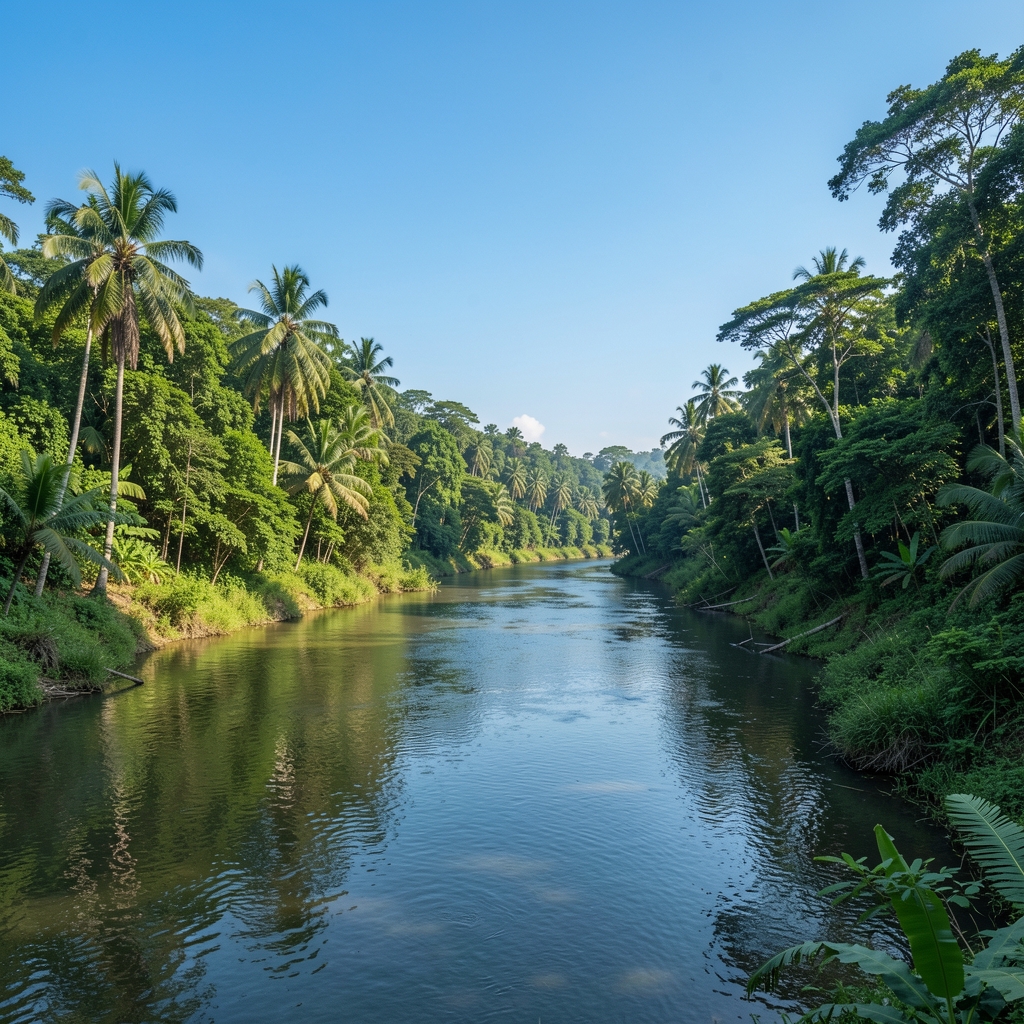 Wide landscape photograph of a clean river flowing through green tropical Indonesian forest with clear blue sky and pristine natural environment
