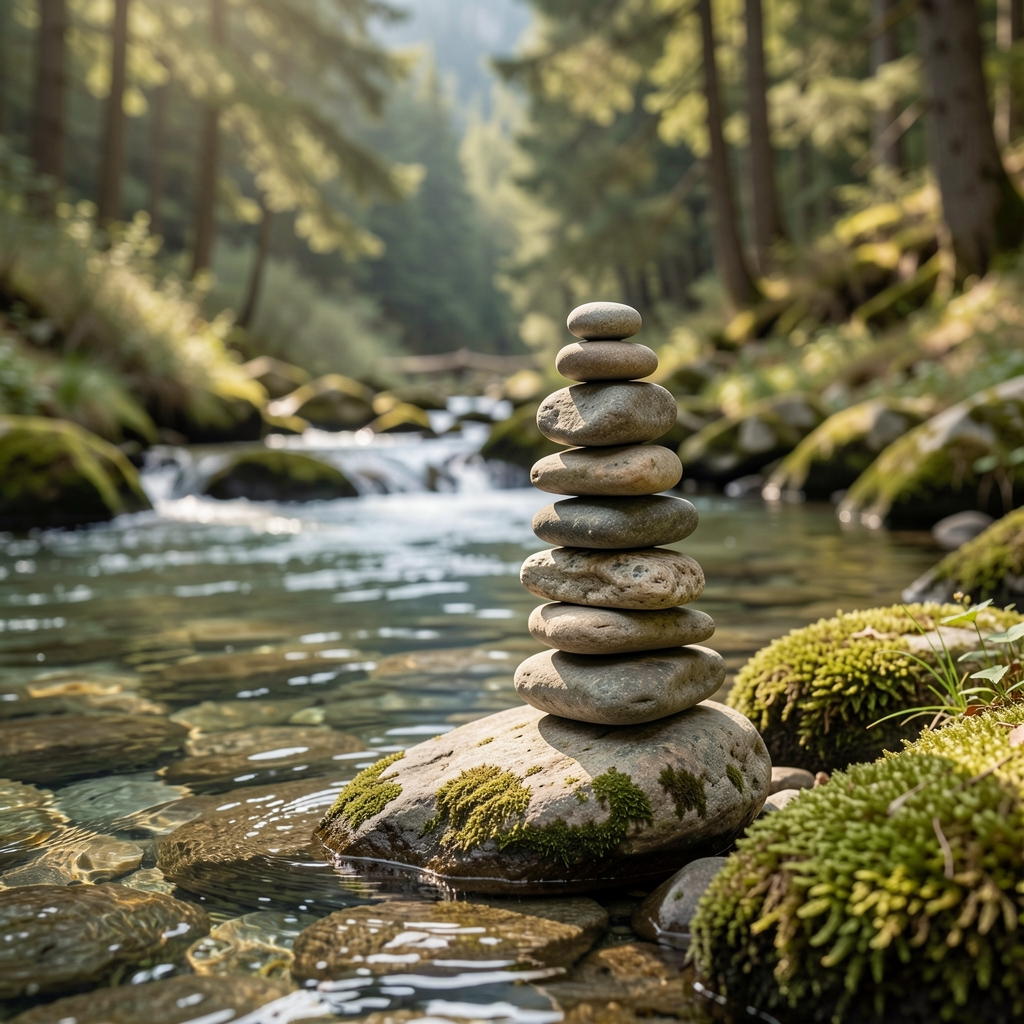 Balanced arrangement of natural stones stacked near still water in a Japanese garden suggesting equilibrium harmony and peaceful physical and mental balance