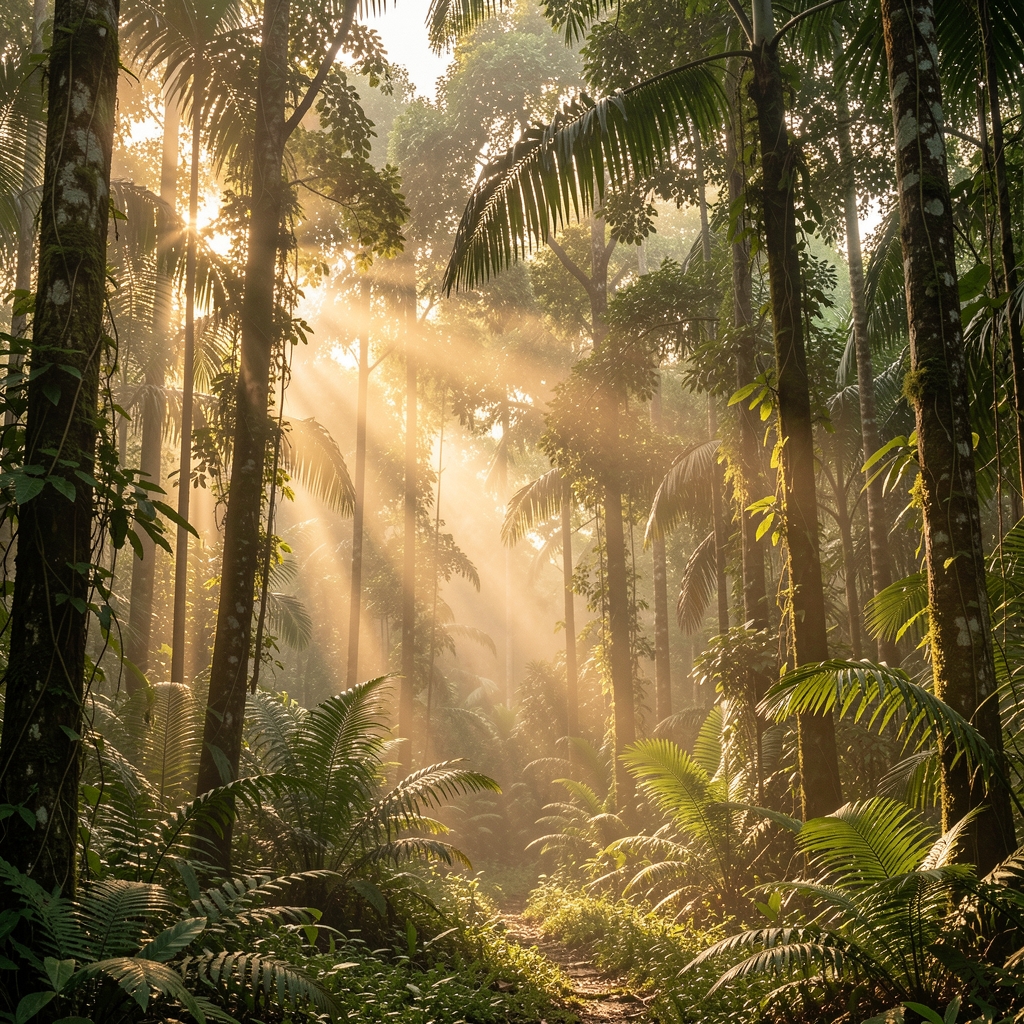 Tranquil Indonesian forest landscape at dawn with soft golden light filtering through dense tropical canopy and misty undergrowth