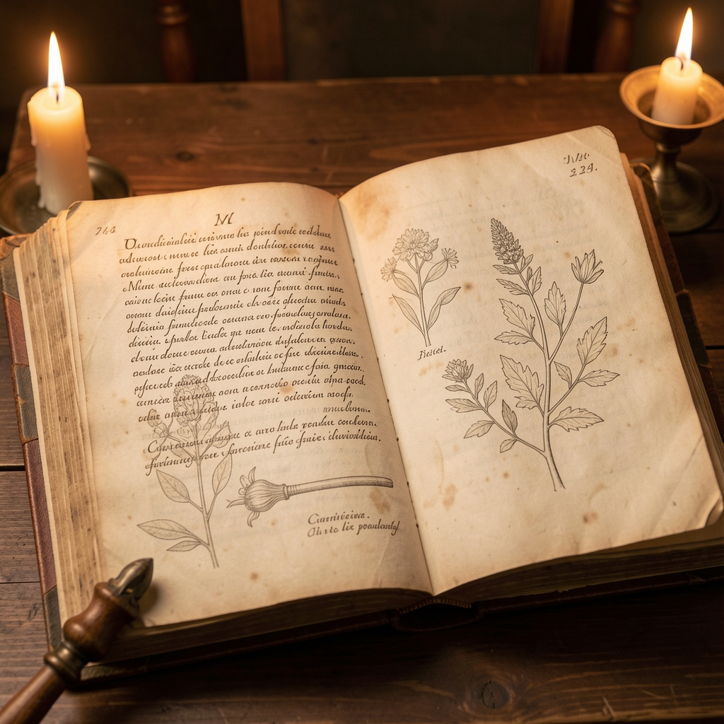 Aged yellowed pages of a historical medical or botanical manuscript with handwritten Latin script and faded ink diagrams in warm candlelight