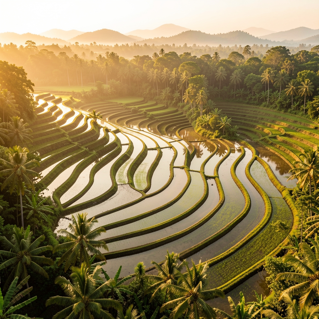 Wide aerial view of terraced rice fields in Bali Indonesia glowing in late afternoon golden hour light surrounded by lush tropical vegetation