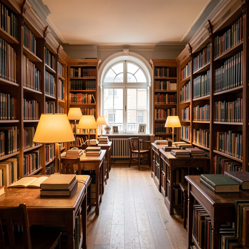 Open library interior with rows of books and warm lamp light casting a studious scholarly atmosphere ideal for research and learning